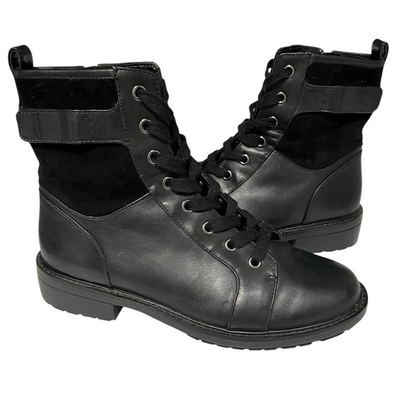 Alex Marie Black Leather Velvet Combat Boots - Picture 1 of 10